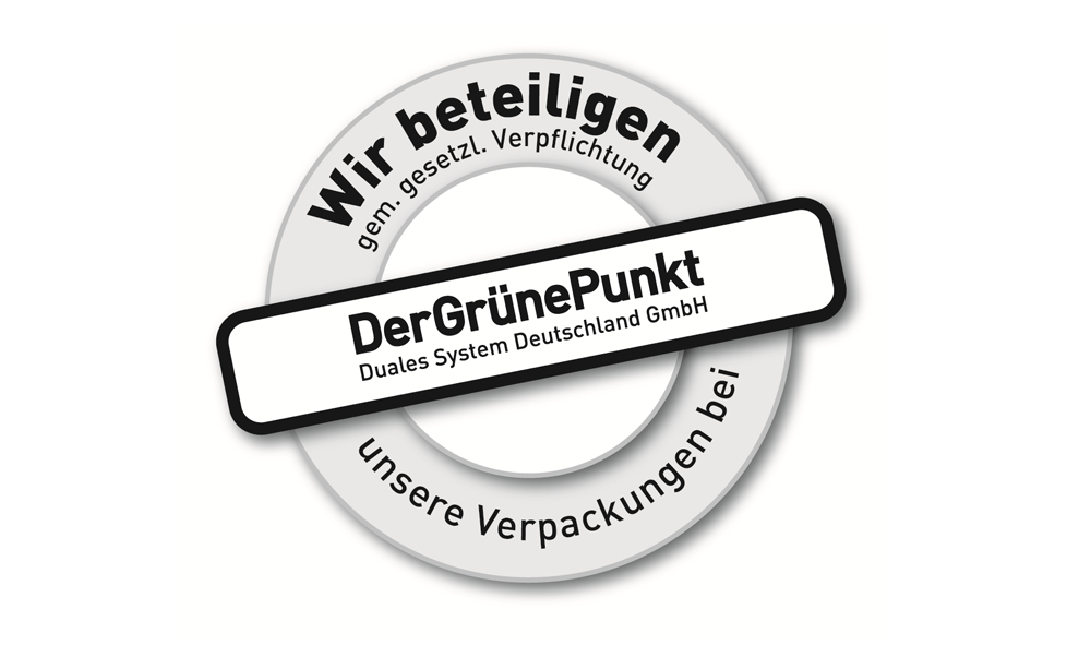 Mit diesem Logo möchten wir zeigen, dass wir Kunde beim Grünen Punkt sind, und damit unseren Pflichten zur Systembeteiligung nach dem Verpackungsgesetz nachkommen wollen.