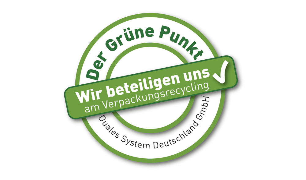 Mit diesem Logo möchten wir zeigen, dass wir Kunde beim Grünen Punkt sind, und damit unseren Pflichten zur Systembeteiligung nach dem Verpackungsgesetz nachkommen wollen.